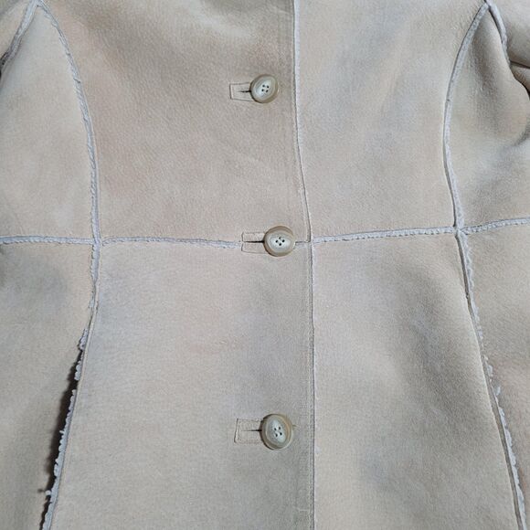 Guess Coat Womens Small Beige Genuine Leather Shearling Long Overcoat Lined - Picture 6 of 16